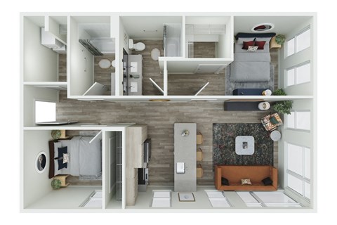 a 3d rendering of the living room and dining room of an apartment